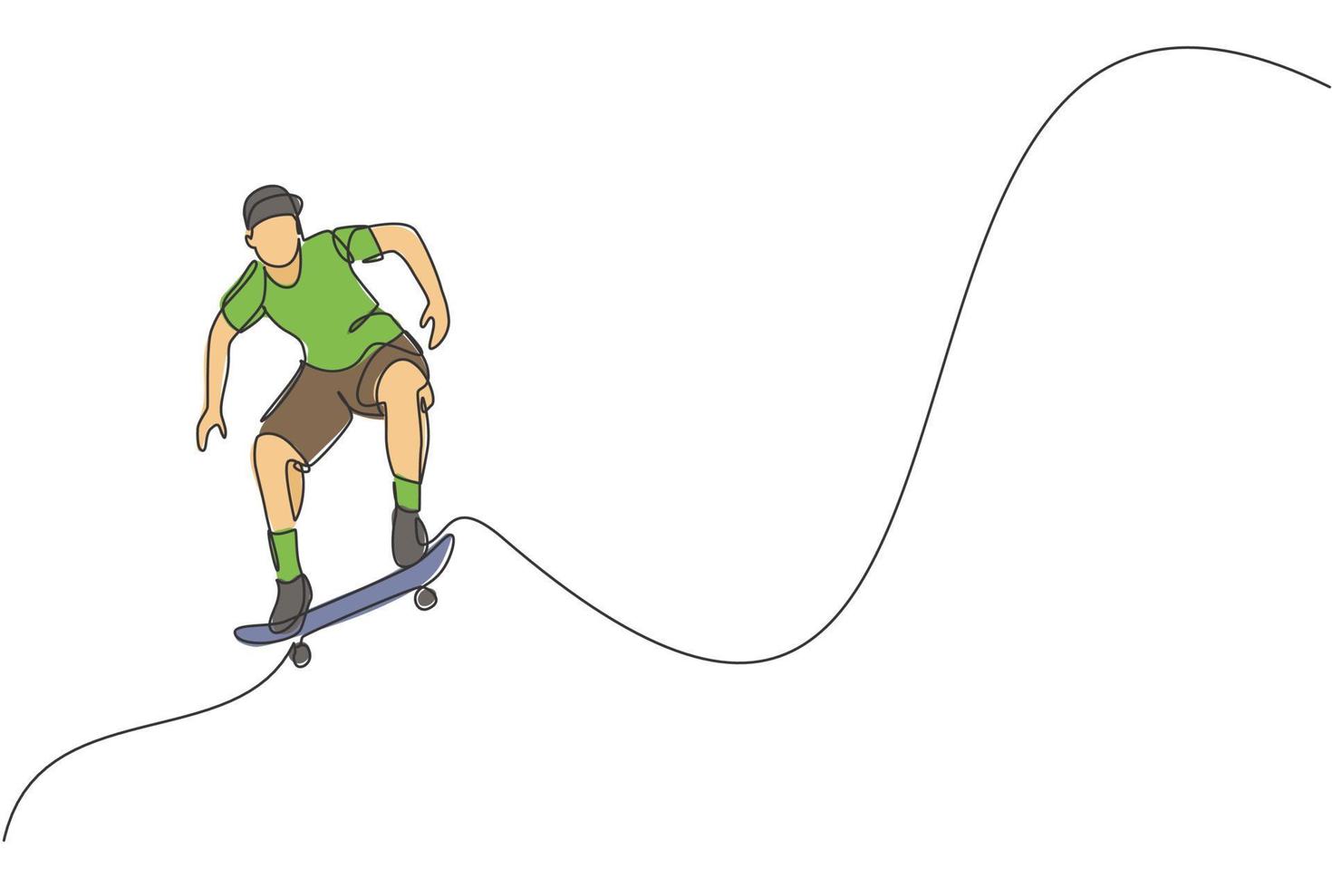 único desenho de linha contínua do jovem skatista legal andando de skate e realizando truques no parque de skate. praticando o conceito de esporte ao ar livre. ilustração gráfica de vetor de design de desenho de uma linha na moda