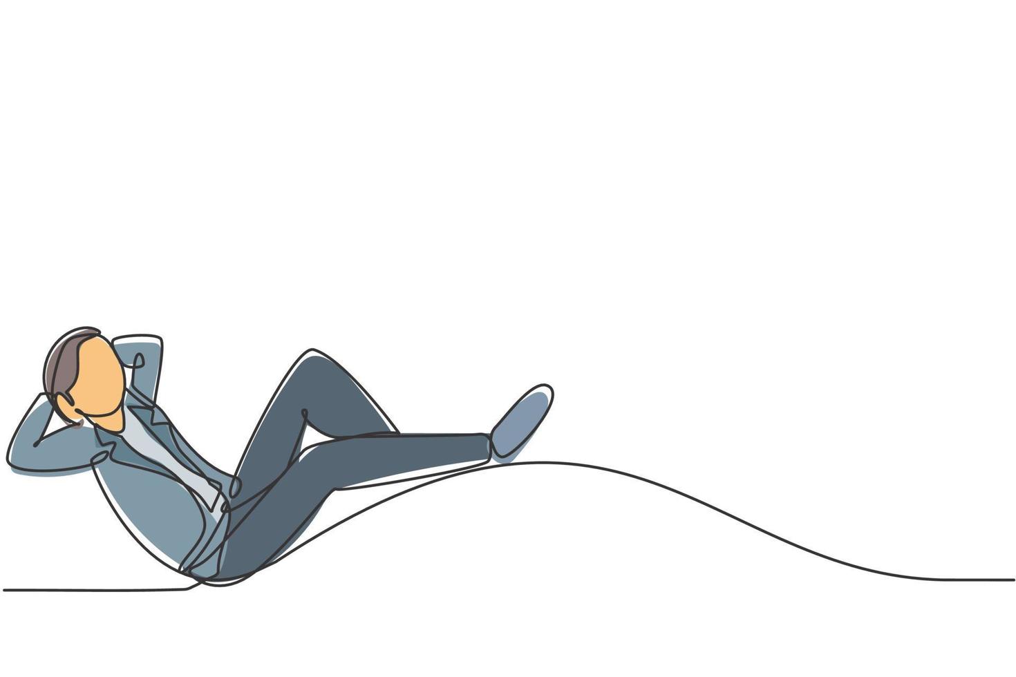 único desenho de linha de jovem funcionário inteligente do sexo masculino relaxando e relaxando. empresário pegue um conceito mínimo de descanso. linha contínua moderna desenhar design gráfico ilustração vetorial vetor