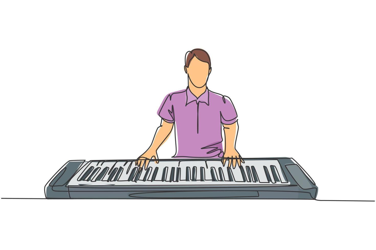 um único desenho de linha de um jovem pianista masculino feliz tocando um sintetizador elétrico, um teclado de piano moderno. músico artista desempenho conceito linha contínua desenhar design gráfico ilustração vetorial vetor