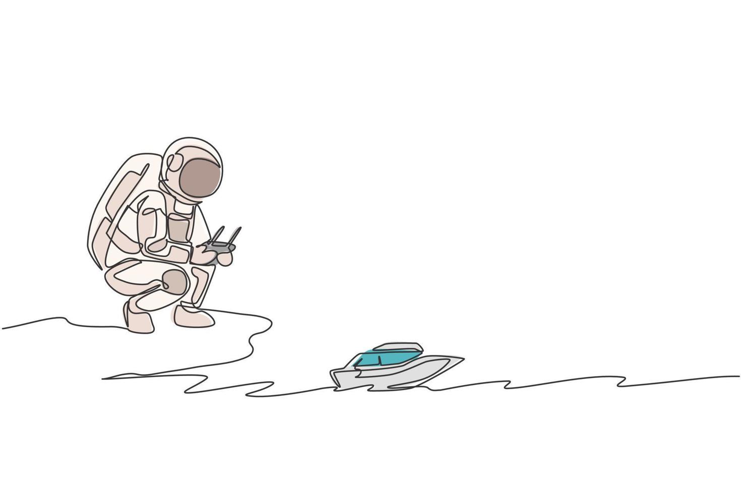 um desenho de linha única do astronauta jogando o controle de rádio do barco de alta velocidade na ilustração gráfica do vetor da terra da lua. fazendo hobby enquanto tempo de lazer no conceito de espaço profundo. design moderno de desenho de linha contínua
