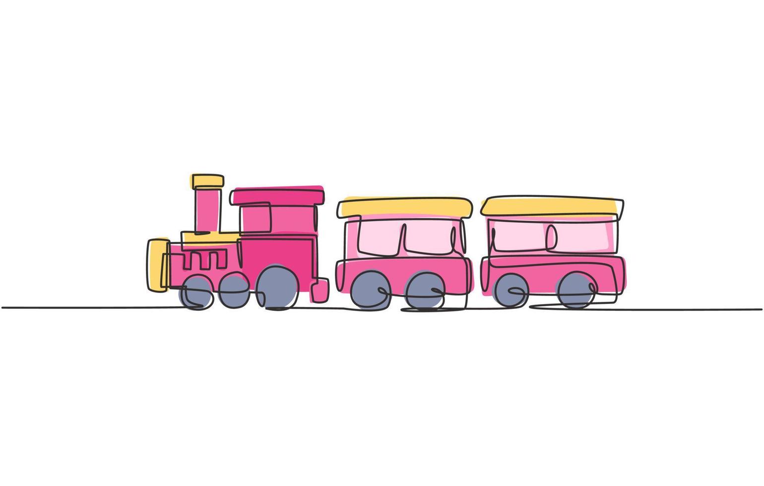 Desenho linear único e contínuo de uma locomotiva com duas carruagens em forma de sistema de vapor móvel em parque de diversões para o transporte de passageiros. ilustração vetorial desenho gráfico de uma linha vetor