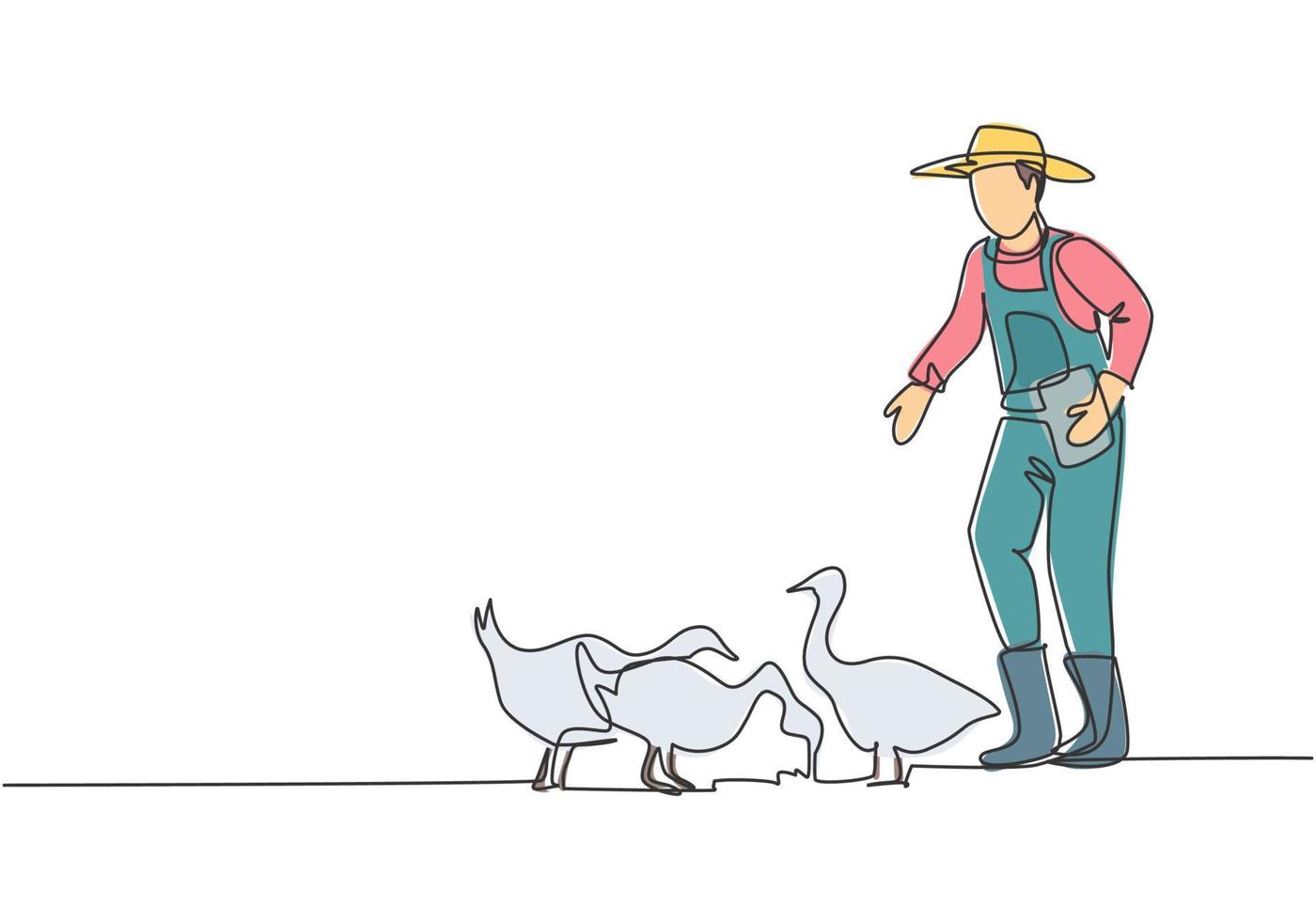 contínuo um desenho de linha jovem fazendeiro está alimentando os gansos para serem saudáveis e produzirem os melhores ovos e carne. agricultura conceito minimalista. ilustração gráfica do vetor do desenho do desenho de linha única.