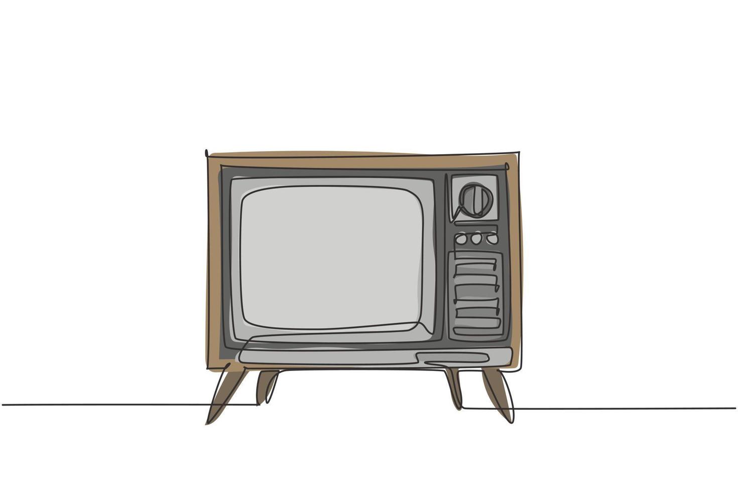único desenho de linha contínua de uma tv retrô à moda antiga com caixa e perna de madeira. ilustração em vetor design gráfico antigo conceito de televisão analógica vintage