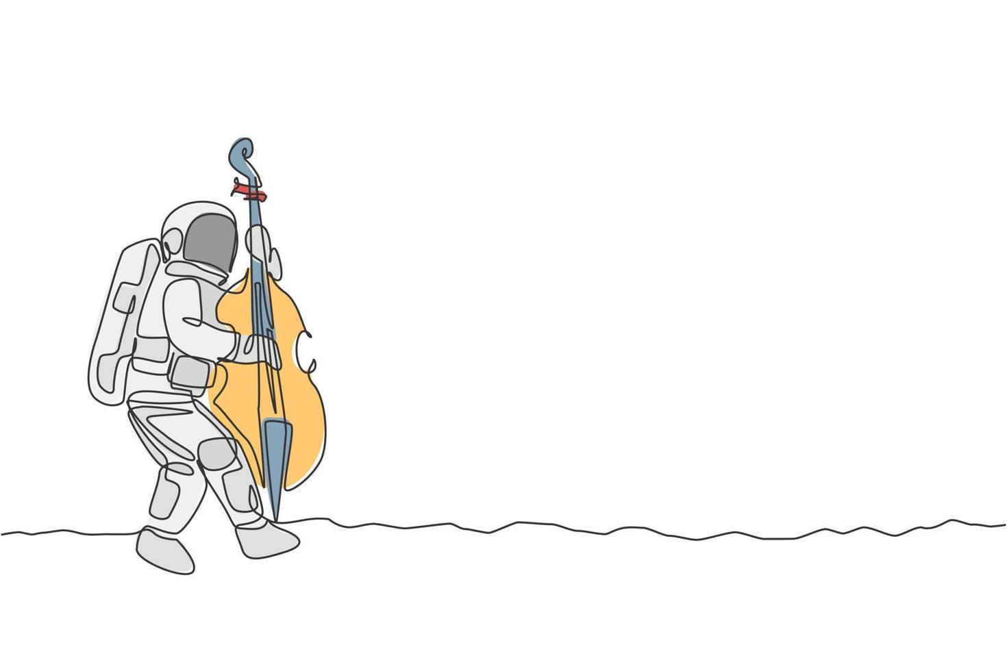 desenho de linha única contínua do violoncelista astronauta tocando instrumento musical de violoncelo na superfície da lua. conceito de concerto de música do espaço sideral. moderno desenho de uma linha desenho vetorial ilustração gráfica vetor
