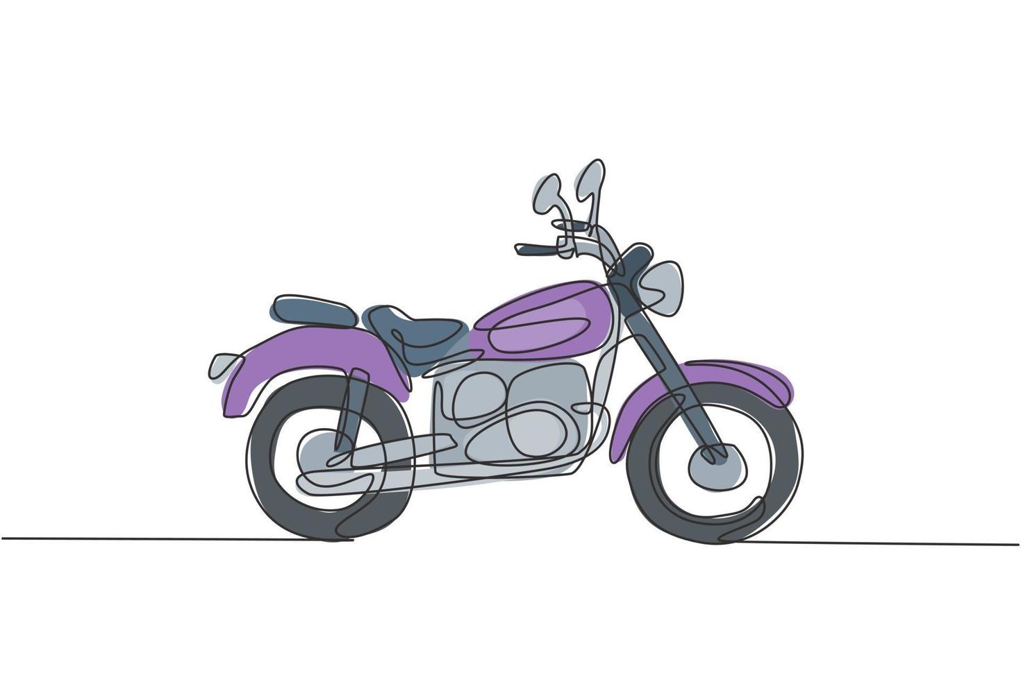 único desenho de linha contínua do antigo símbolo clássico da motocicleta vintage. conceito de transporte de motocicleta retrô uma linha desenhar ilustração vetorial de design gráfico vetor