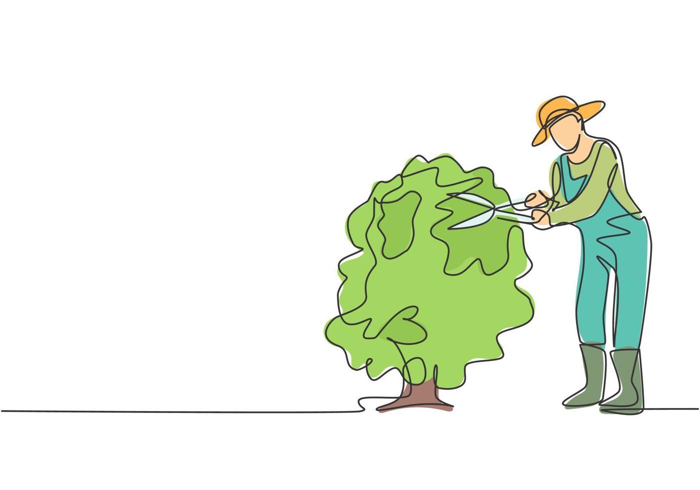 desenho de linha único de um jovem agricultor corta as folhas da árvore usando uma tesoura de plantas. agricultura desafio conceito minimalista. moderna linha contínua desenhar design gráfico ilustração vetorial. vetor