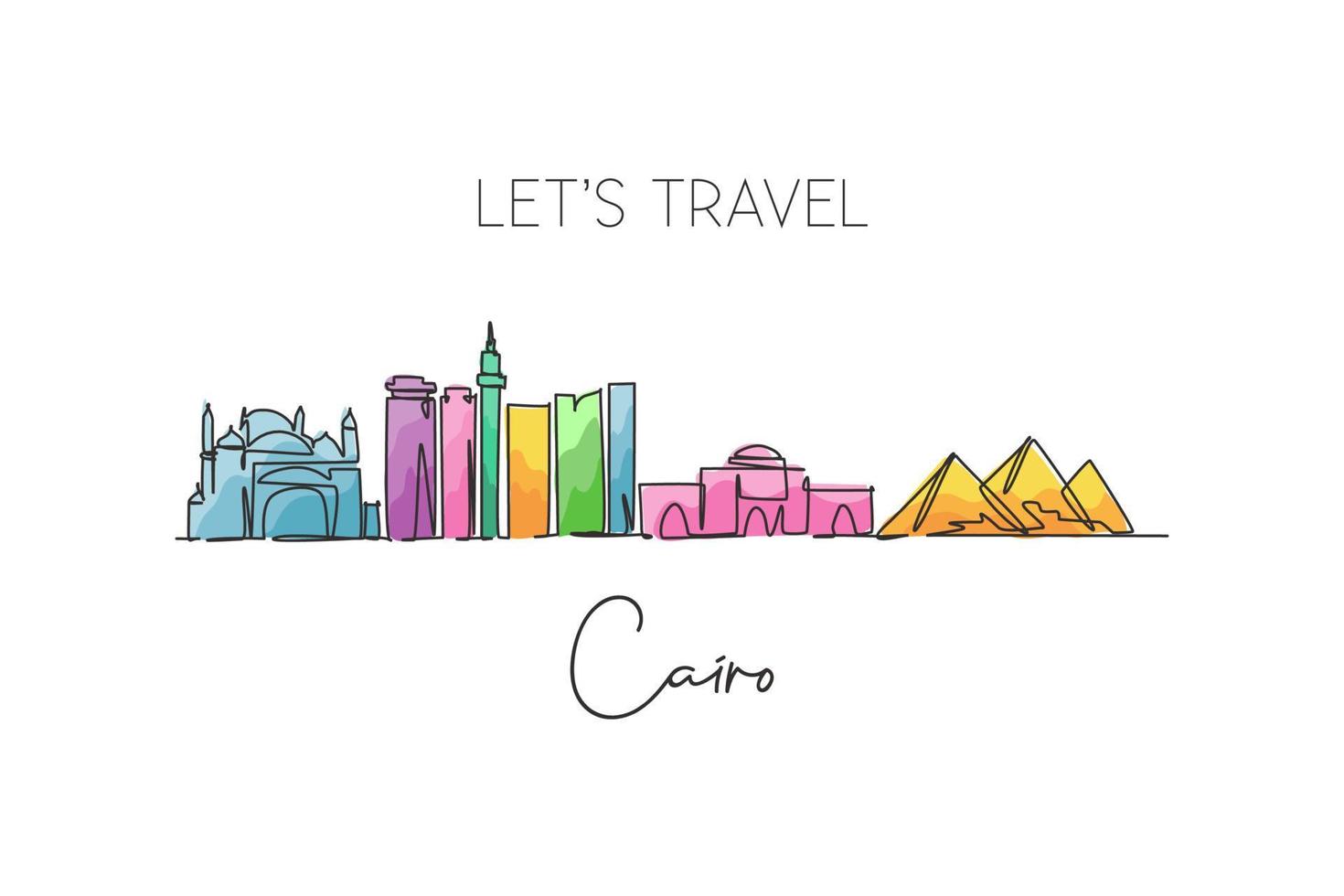 único desenho de linha contínua do horizonte da cidade do Cairo, Egito. Raspador de cidade famoso e arte de impressão de pôster de decoração de parede para casa de paisagem. conceito de viagens pelo mundo. ilustração em vetor design de desenho de uma linha moderna