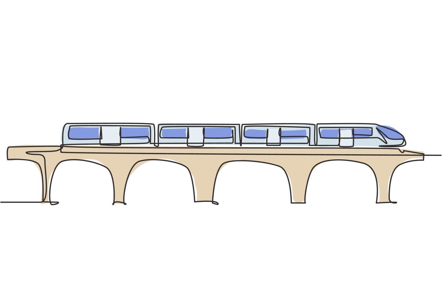 Um único desenho de linha do trem visto de frente prepara para transportar passageiros com rapidez, segurança e conforto ao seu destino. moderna linha contínua desenhar design gráfico ilustração vetorial. vetor
