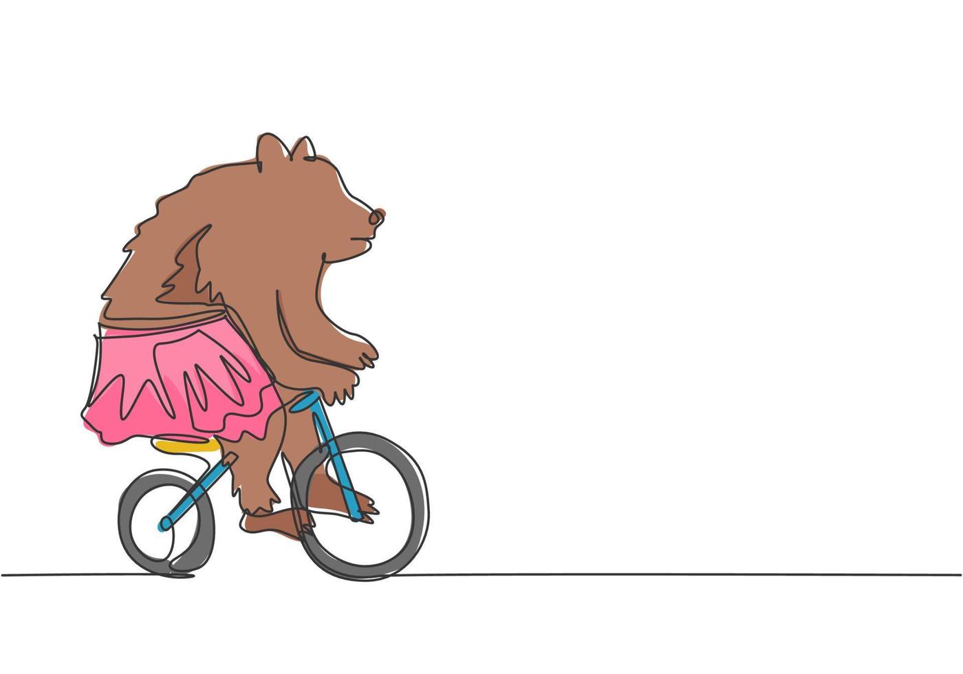 uma linha contínua desenhando um urso marrom treinado brincando de bicicleta ao redor da pista na arena do circo. o público ficou maravilhado com o desempenho do urso. ilustração gráfica do vetor desenho de uma linha