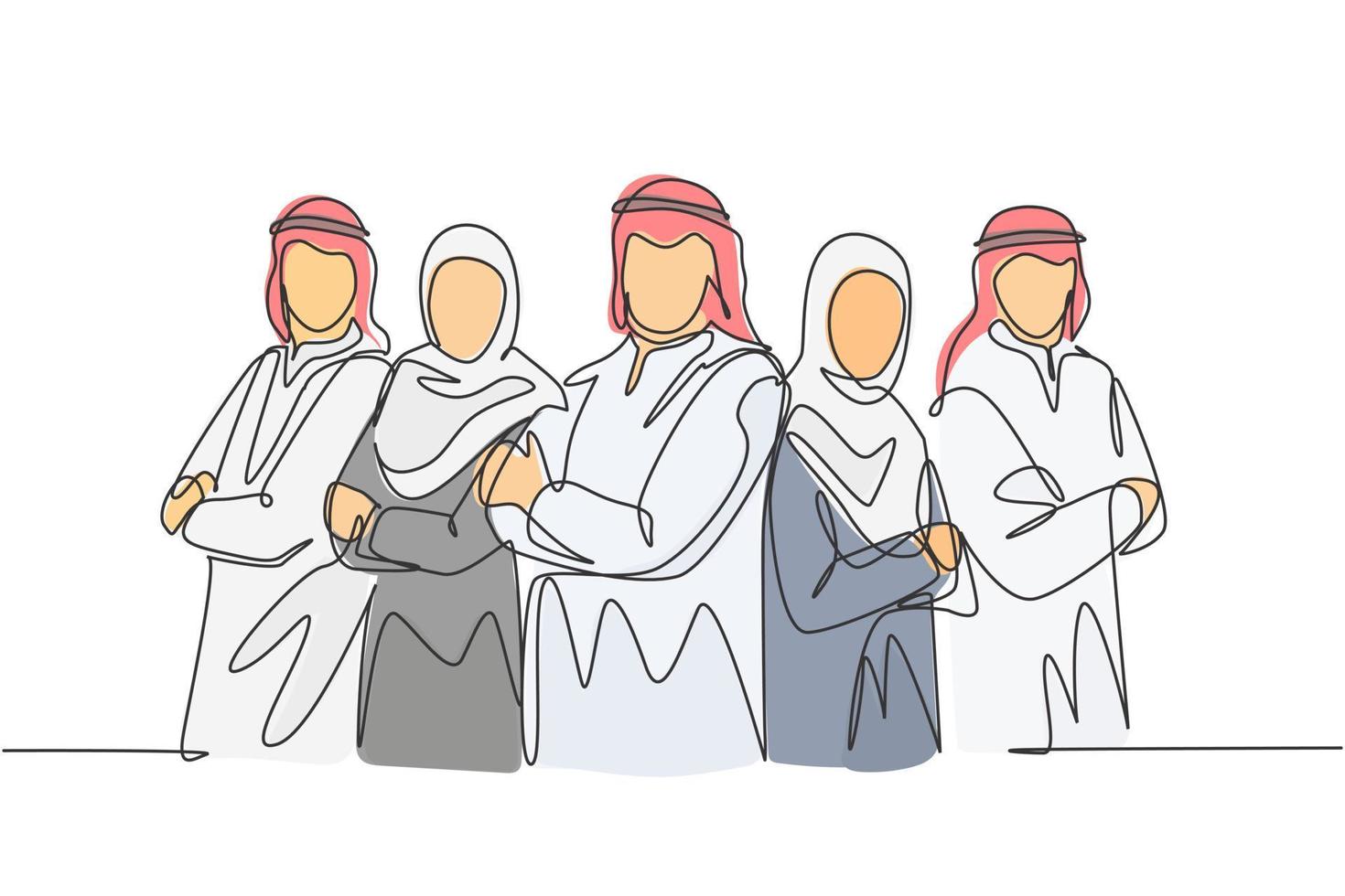 um desenho de linha contínua de jovens empresários muçulmanos alinhados ordenadamente com as mãos cruzadas no peito. shemag de roupas islâmicas, kandura, lenço, hijab. ilustração em vetor desenho desenho de linha única