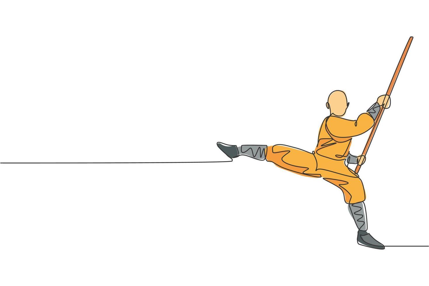 um único desenho de linha do jovem monge shaolin energético exercita kung fu lutando com bastão na ilustração vetorial do templo. conceito de esporte de arte marcial chinesa. design moderno de desenho de linha contínua vetor