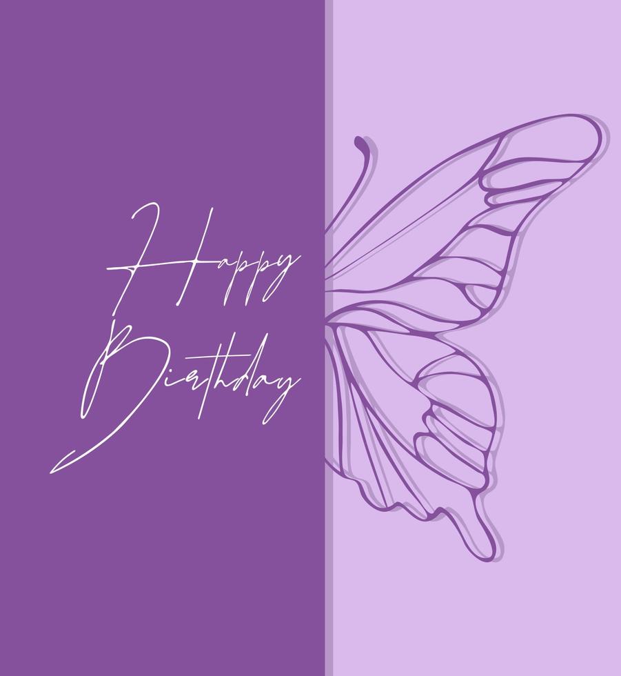 feliz aniversário cartão com borboleta silhueta, lilás e roxa cores. vetor
