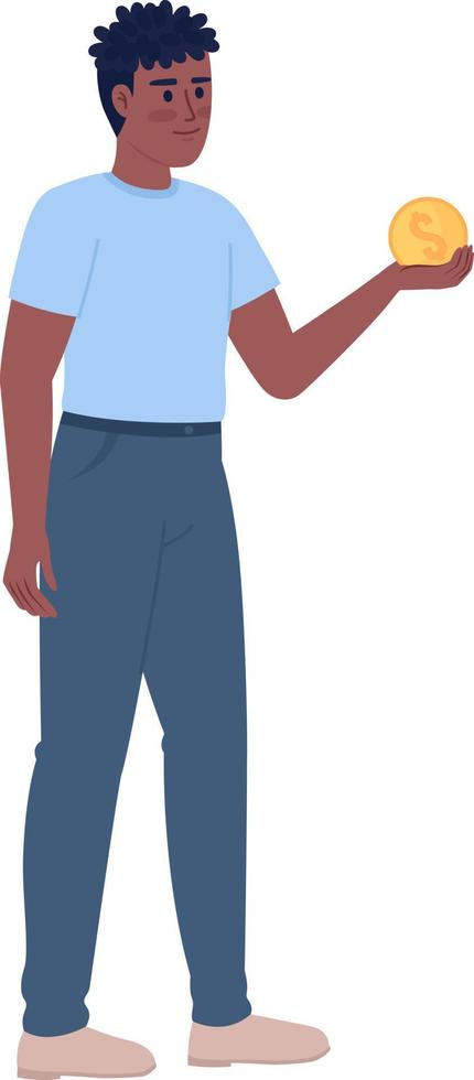 feliz homem segurando moeda em Palma semi plano cor vetor personagem. investidor. editável figura. cheio corpo pessoa em branco. simples desenho animado estilo local ilustração para rede gráfico Projeto e animação