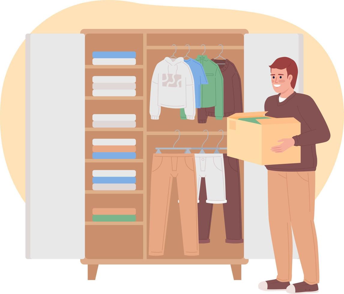 organizar guarda roupa roupas desafio 2d vetor isolado local ilustração. feliz homem com caixa perto armário de roupa plano personagem em desenho animado fundo. colorida editável cena para móvel, local na rede Internet, revista