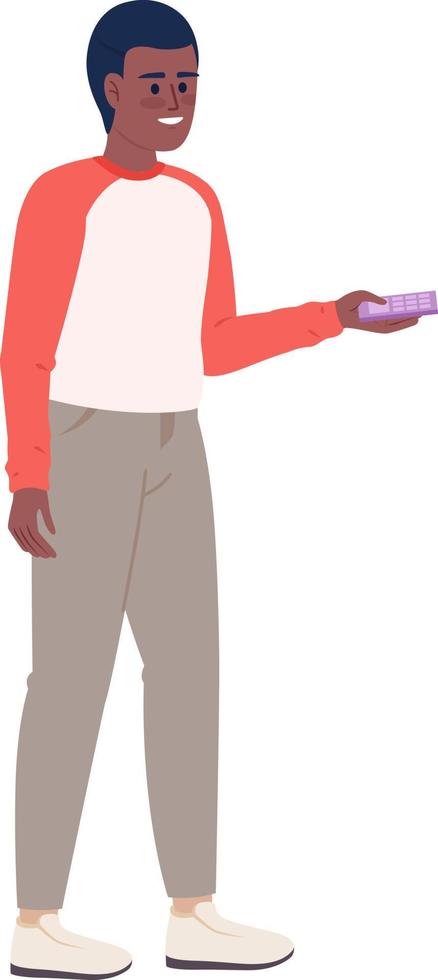 jovem homem segurando controlo remoto controlador semi plano cor vetor personagem. editável figura. cheio corpo pessoa em branco. simples desenho animado estilo local ilustração para rede gráfico Projeto e animação