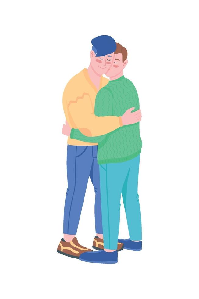 casal gay sorrindo e abraçando personagens de vetor de cores planas