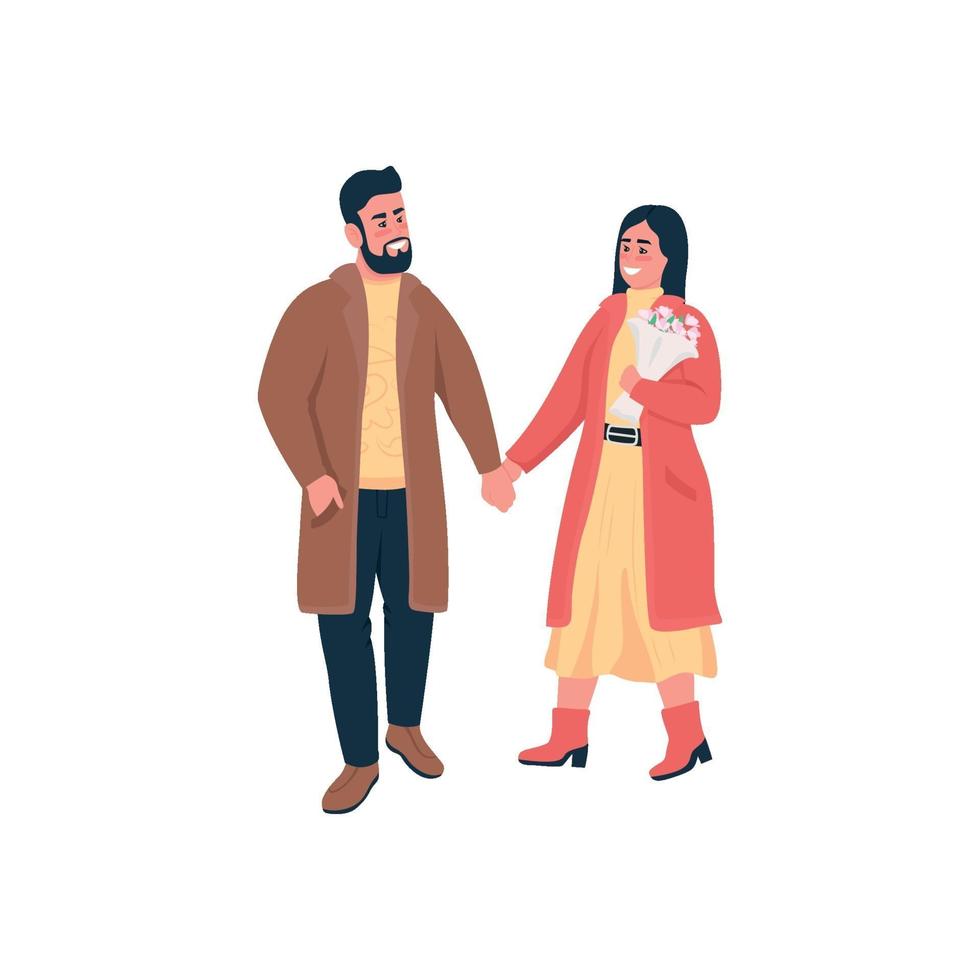 casal feliz de mãos dadas na caminhada de inverno com personagens detalhados de vetor de cores planas