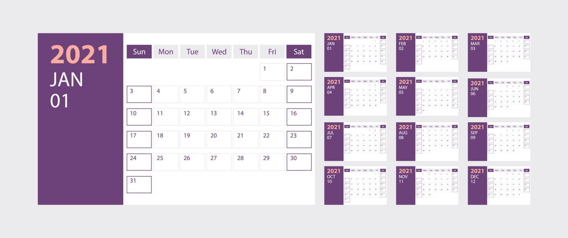 calendário 2021 semana começa domingo modelo de planejador de design corporativo com tema roxo vetor