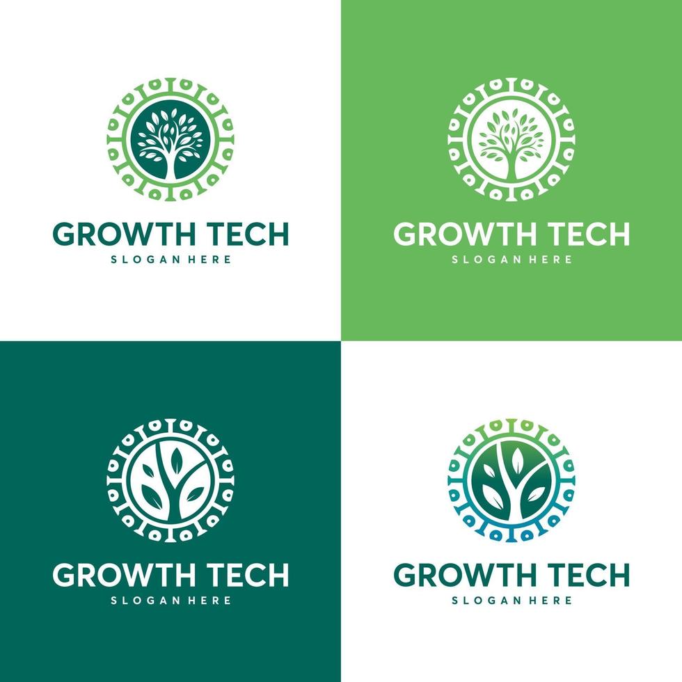 conjunto de modelo de logotipo de tecnologia da natureza, conceito de logotipo de tecnologia verde, tecnologia de crescimento, símbolo de logotipo de árvore de tecnologia vetor