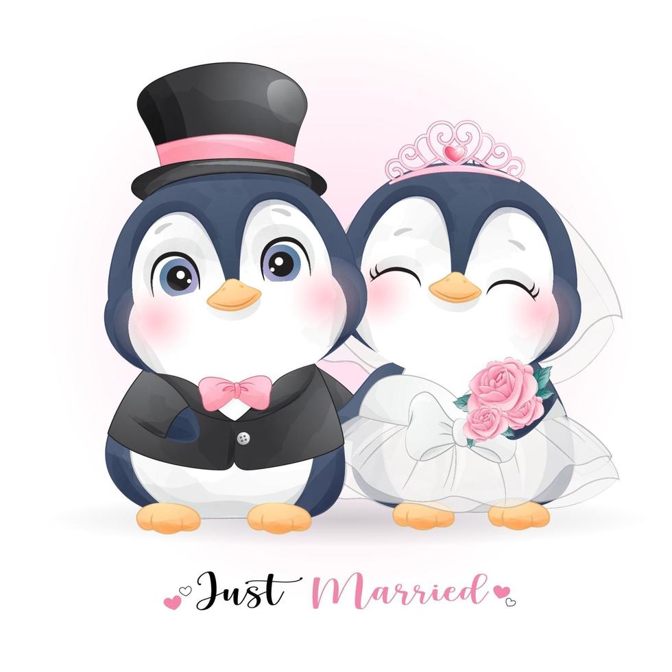 doodle pinguim fofo com roupas de casamento para o dia dos namorados vetor