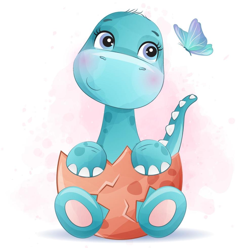 dinossauro pequeno fofo com ilustração em aquarela vetor