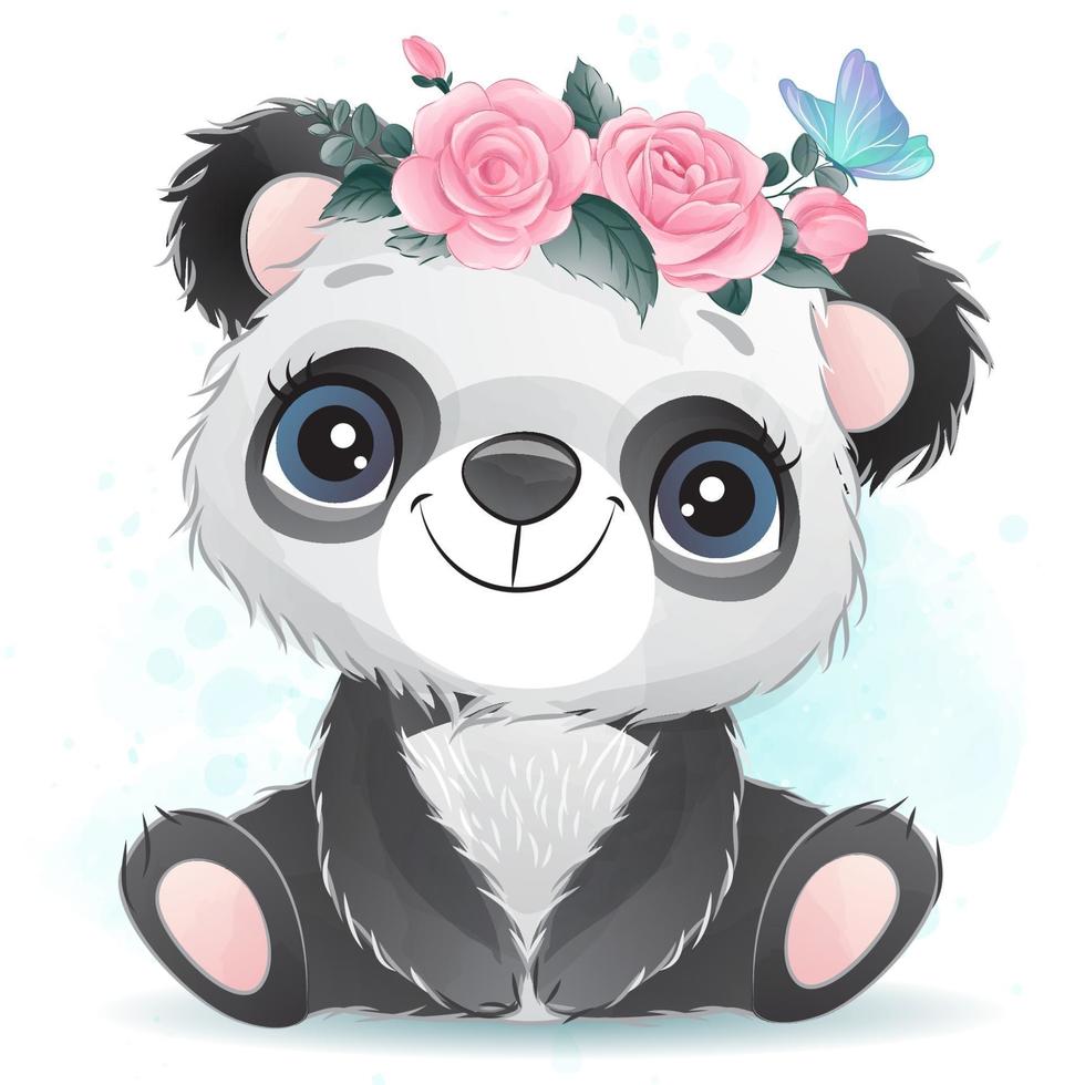 pequeno panda fofo com ilustração em aquarela vetor