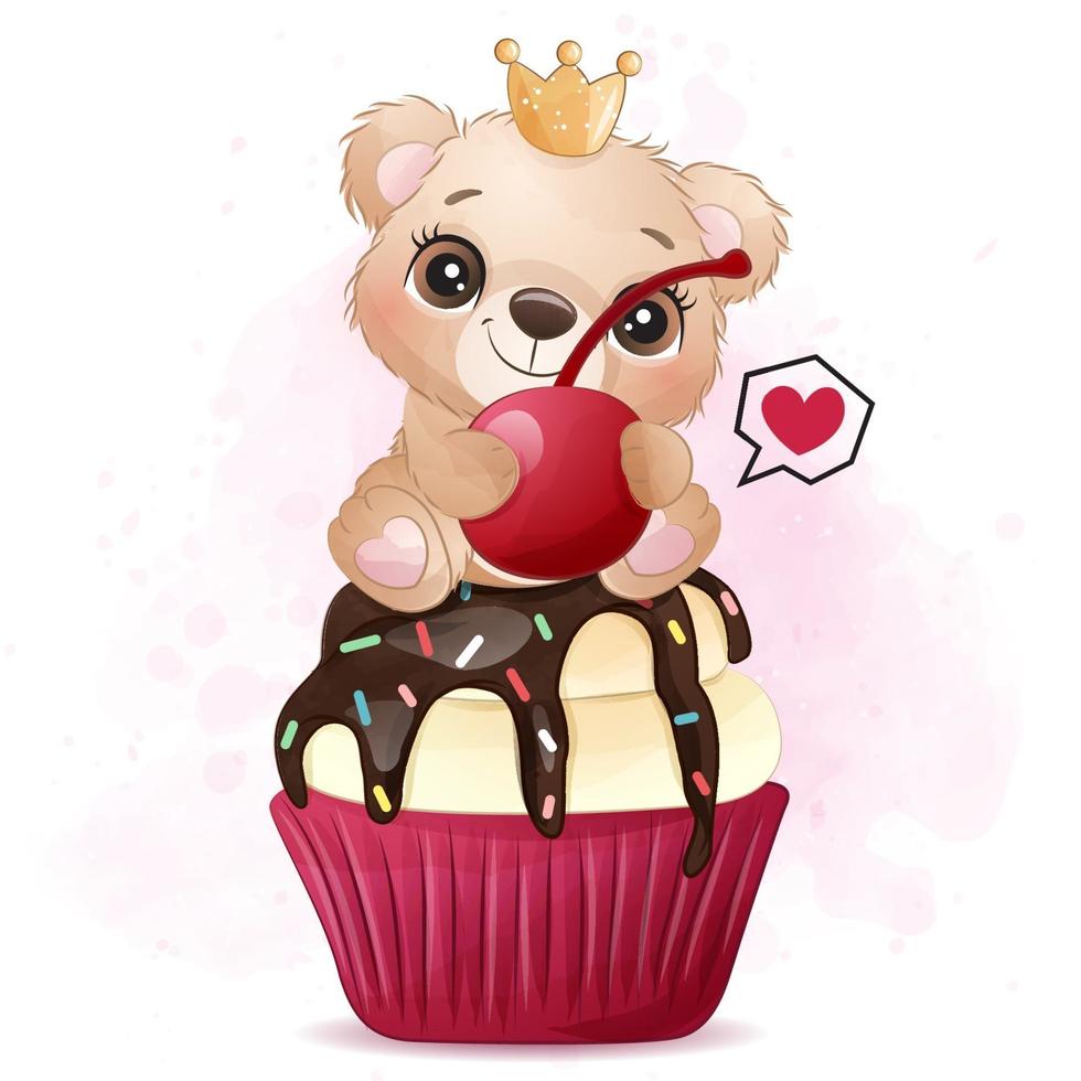 ursinho fofo sentado na ilustração do cupcake vetor