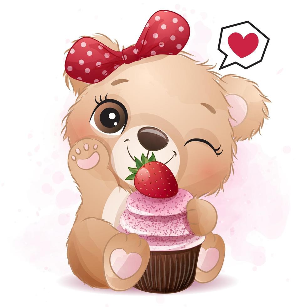ursinho fofo com ilustração de cupcake de morango vetor