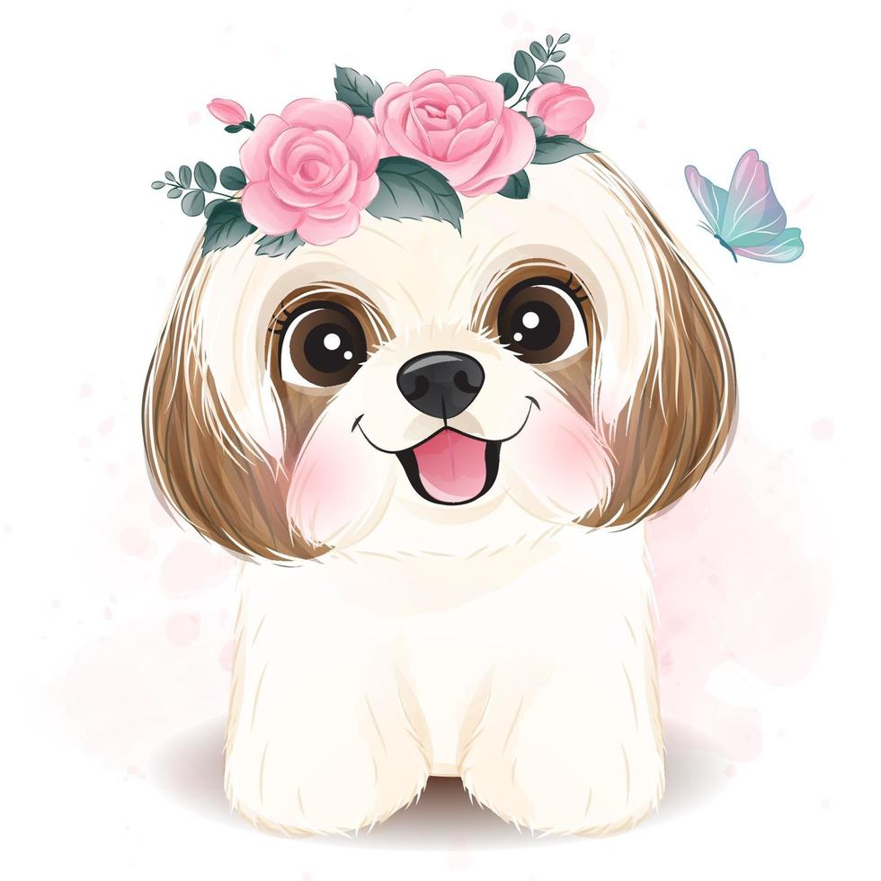 pequeno shih tzu fofo com ilustração floral vetor