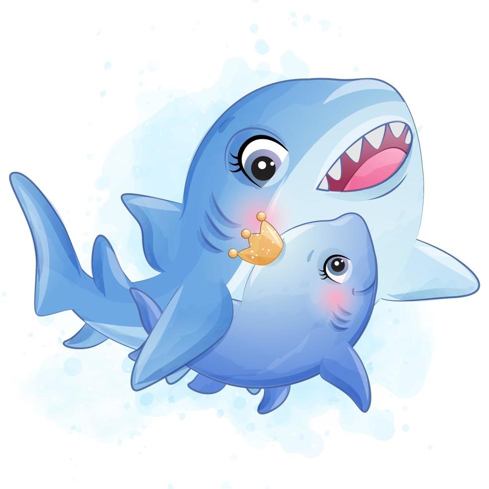 ilustração de mãe e bebê fofinho tubarão vetor