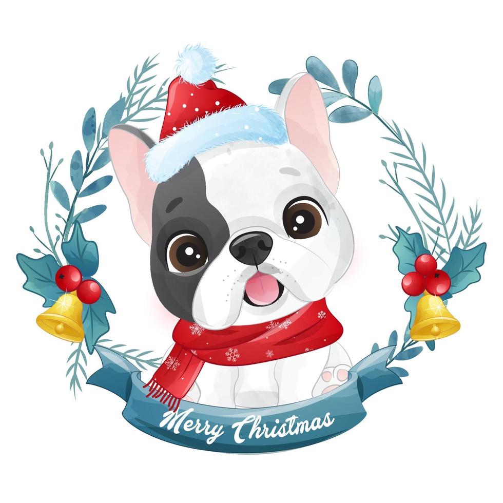 Filhote de cachorro bonito doodle para o Natal com ilustração em aquarela vetor