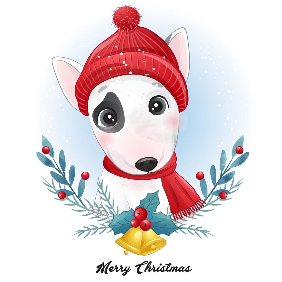 Filhote de cachorro bonito doodle para o Natal com ilustração em aquarela vetor