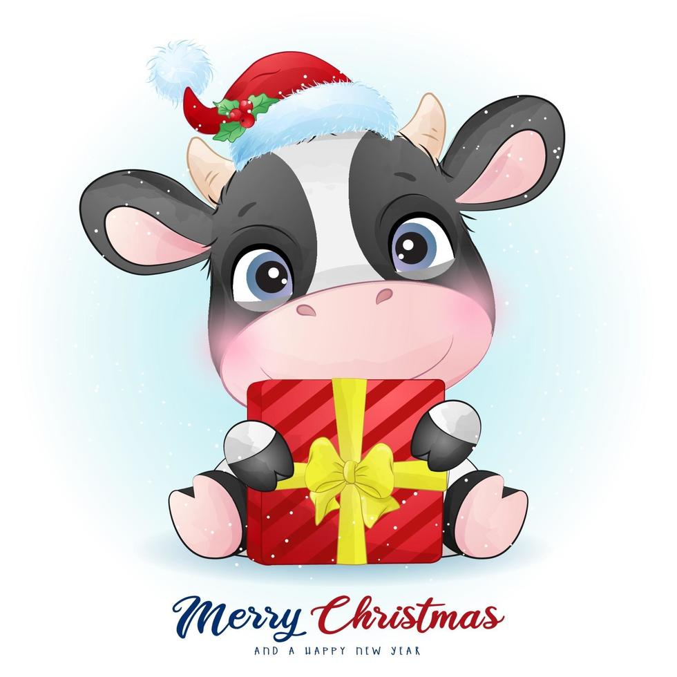 doodle fofo vaca para o dia de natal com ilustração em aquarela vetor