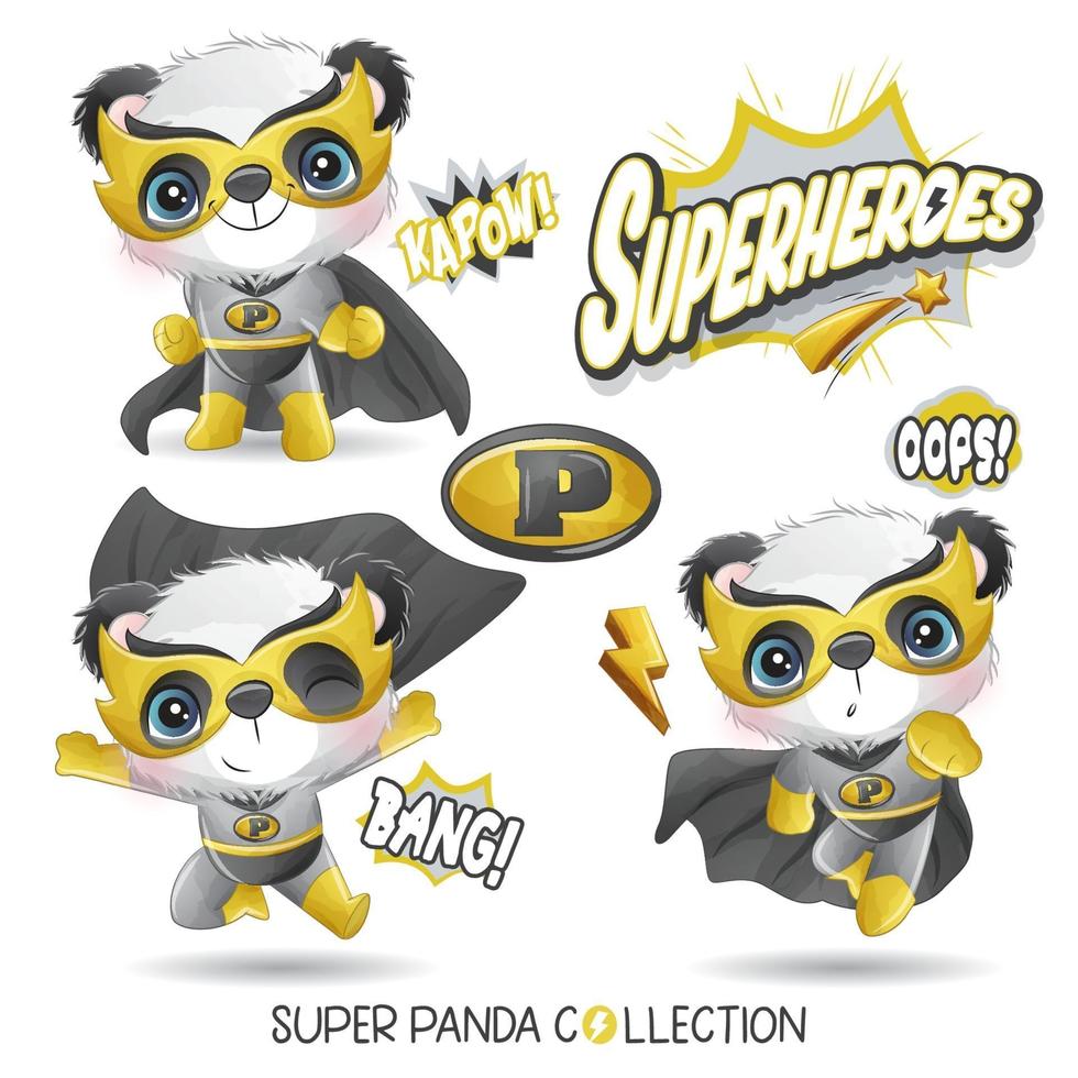 Panda super-herói fofo com coleção de aquarela vetor