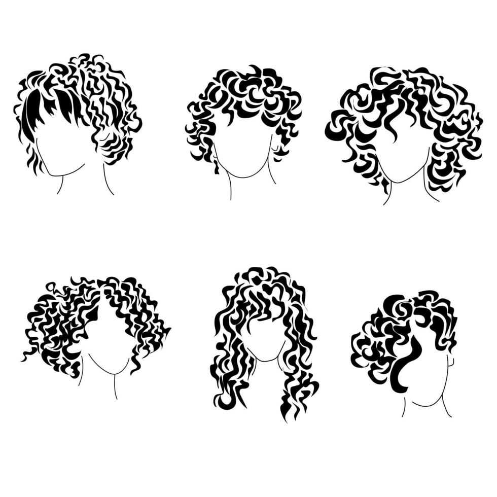 penteados encaracolado silhuetas definir, mulheres na moda penteados para diferente cabelo comprimentos vetor