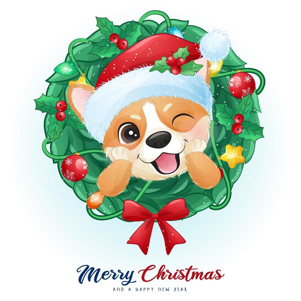 fofo doodle corgi para o dia de Natal com ilustração em aquarela vetor