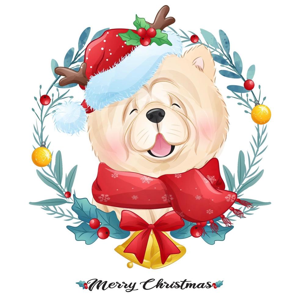 Filhote de cachorro bonito doodle para o Natal com ilustração em aquarela vetor