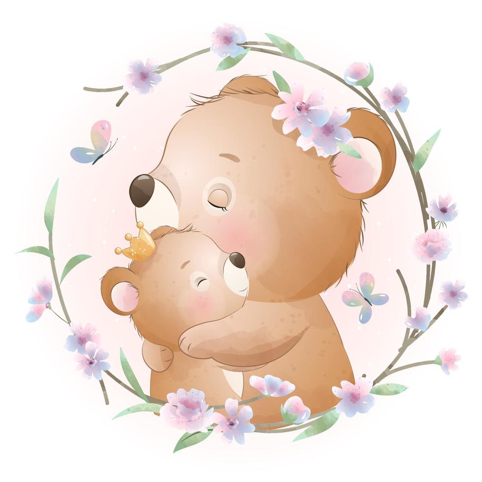 urso doodle fofo com ilustração floral vetor