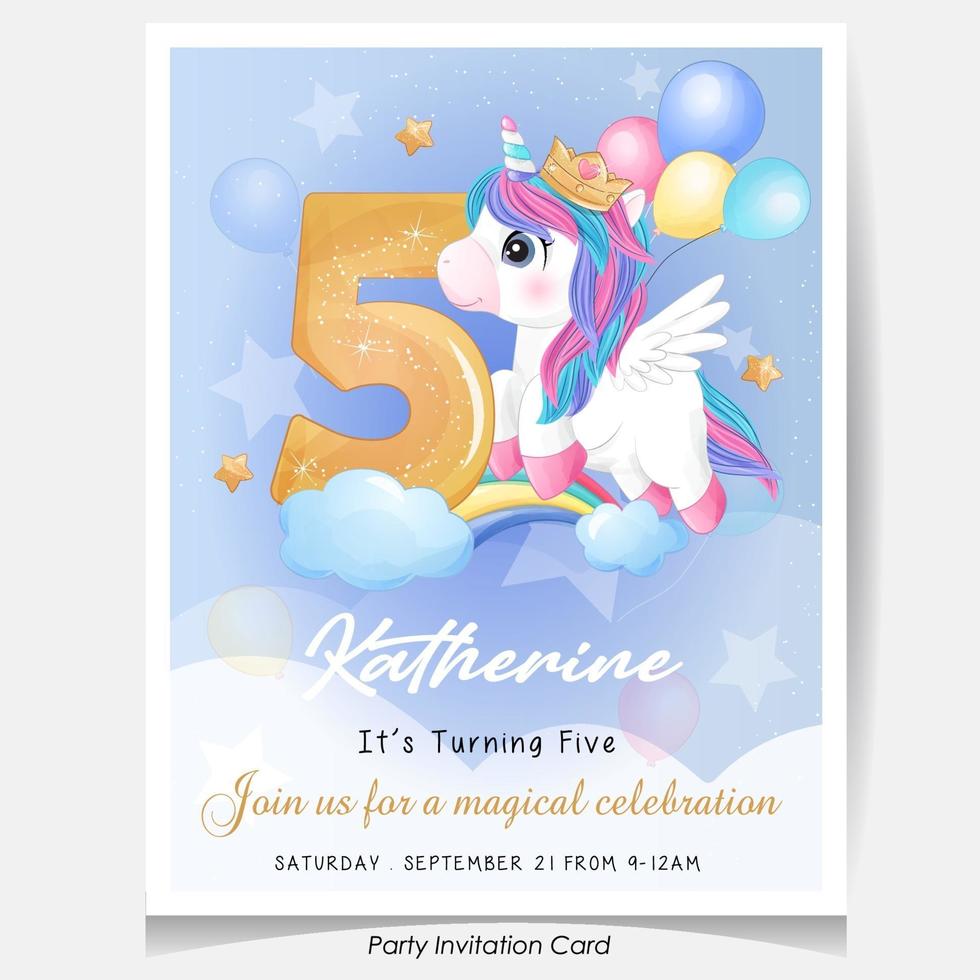 ilustração de cartão de convite de festa de aniversário de unicórnio bonito vetor
