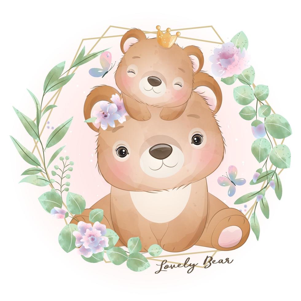 urso doodle fofo com ilustração floral vetor