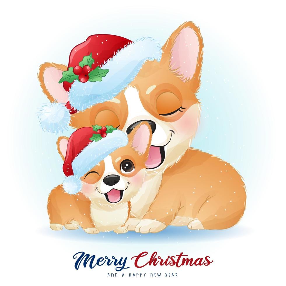 fofo doodle corgi para o dia de Natal com ilustração em aquarela vetor