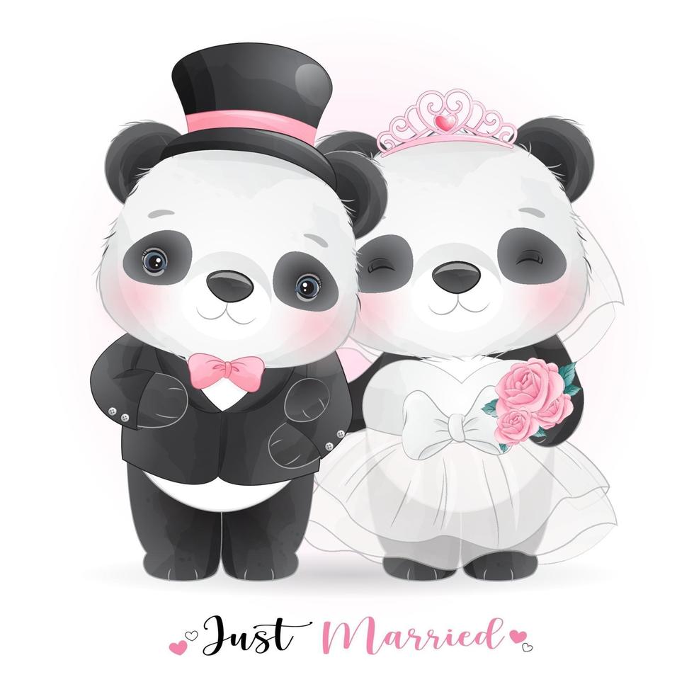 Doodle fofo panda com roupas de casamento para o dia dos namorados vetor