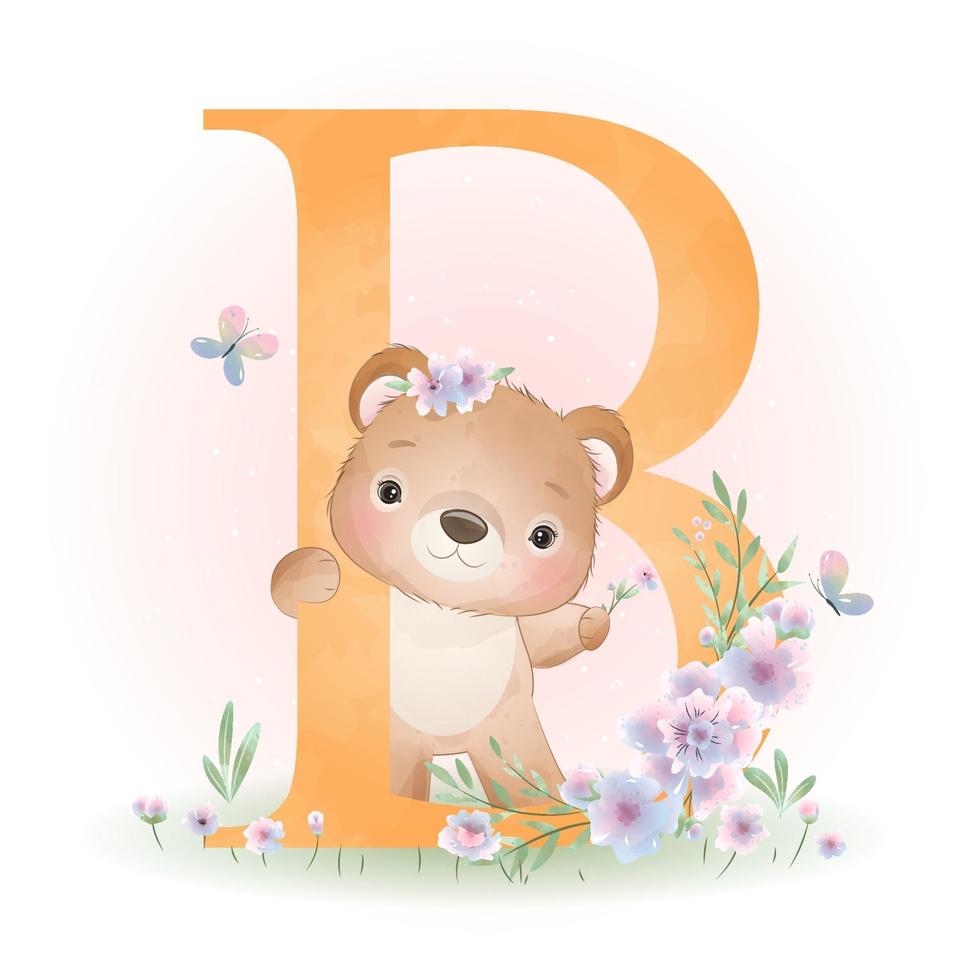 urso doodle fofo com ilustração floral vetor