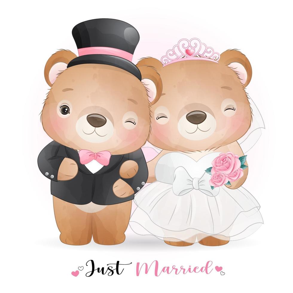 urso doodle fofo com roupa de casamento vetor