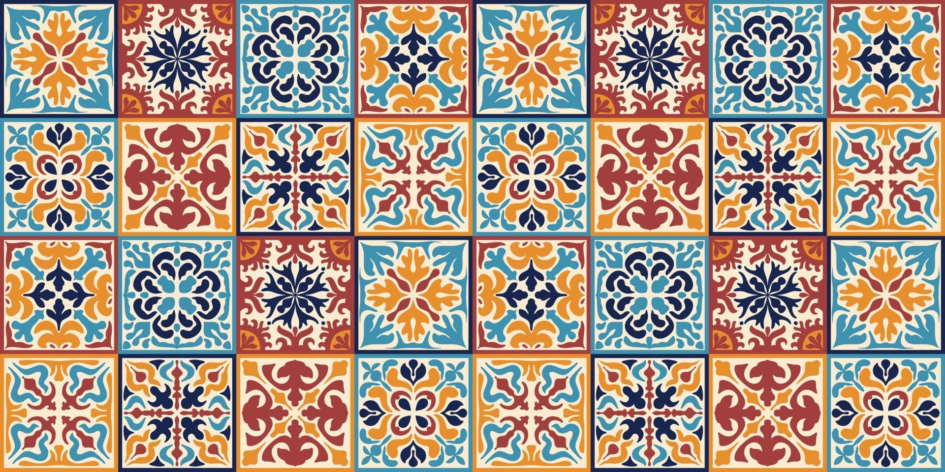 desatado marroquino mosaico telha padronizar com colorida patchwork. vintage Portugal azulejo, mexicano talavera, italiano majólica ornamento, arabesco motivo ou espanhol cerâmico mosaico vetor