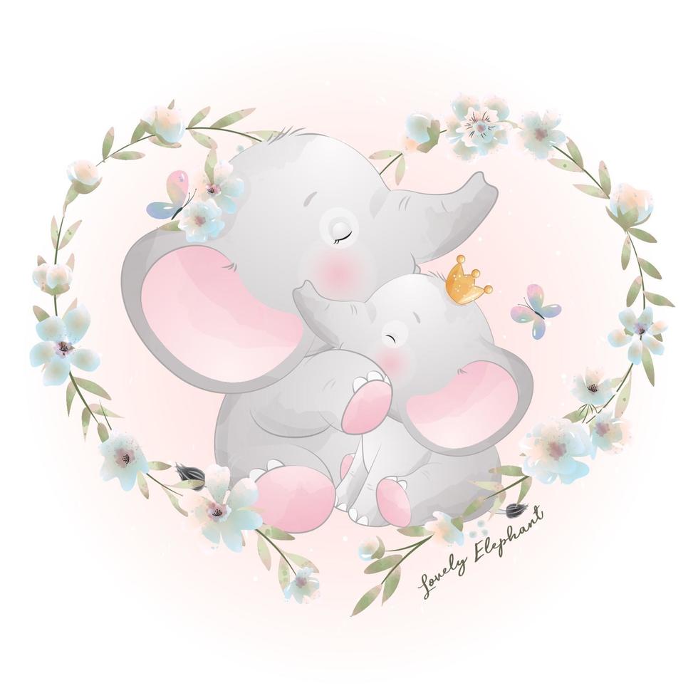 elefante fofo doodle com ilustração floral vetor