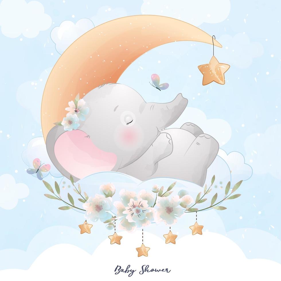 elefante fofo doodle com ilustração floral vetor