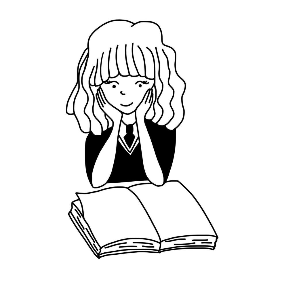 hermione com uma livro dentro óculos com branco coruja a partir de a livros. Magia vetor ilustração dentro desenho animado rabisco estilo isolado em branco fundo.