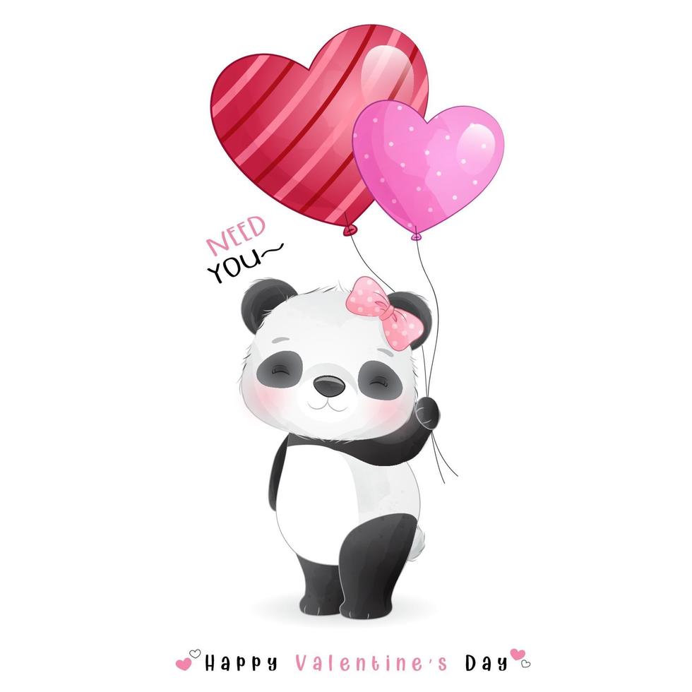 doodle panda fofo para o dia dos namorados vetor