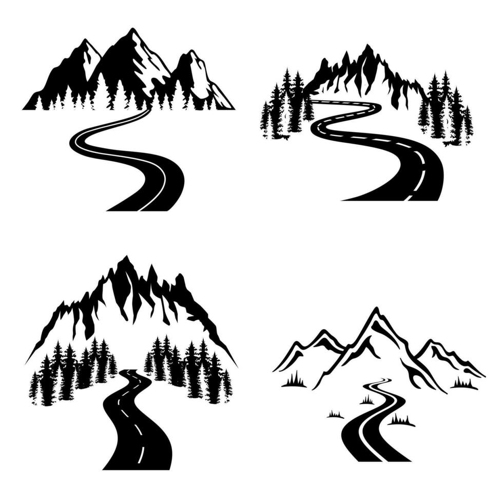 rodovia dentro montanhas ícone vetor definir. floresta estrada ilustração placa coleção. viagem símbolo. viagem logotipo.